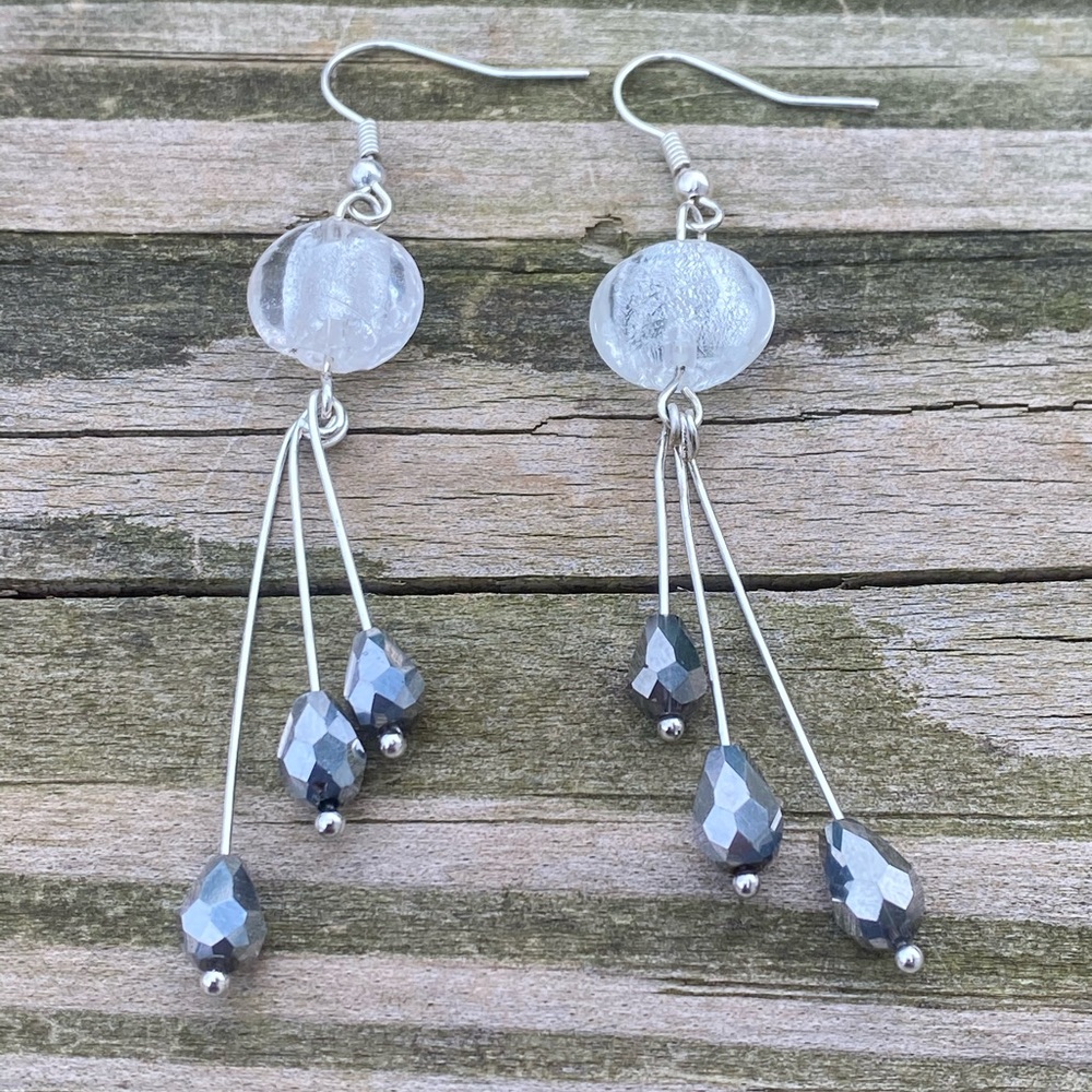 Bead dangle drop earrings silver foil beads and white glass stainless steel